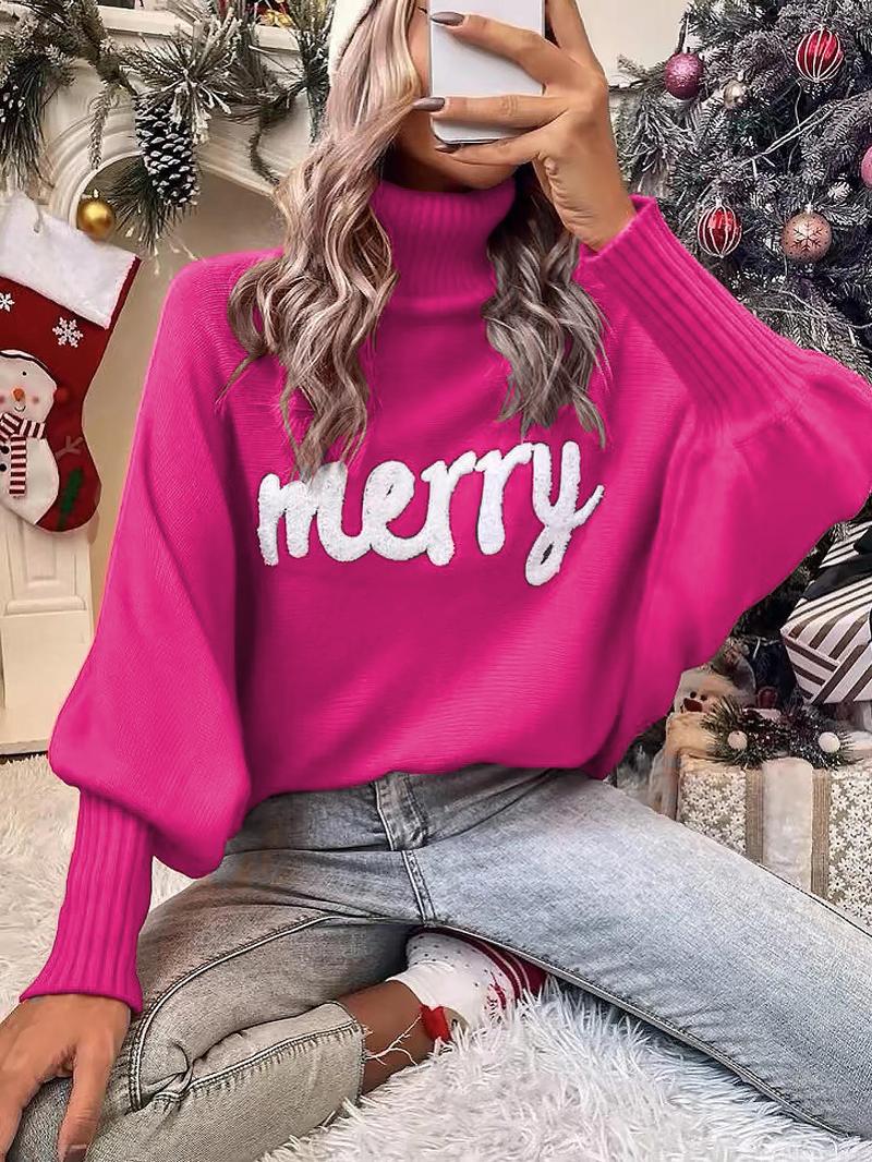 Women's Letter Pattern Batwing Sleeve Turtleneck Sweater, Casual Long Sleeve Jumper for Fall & Winter, Fashion Ladies' Knitwear for Daily Wear