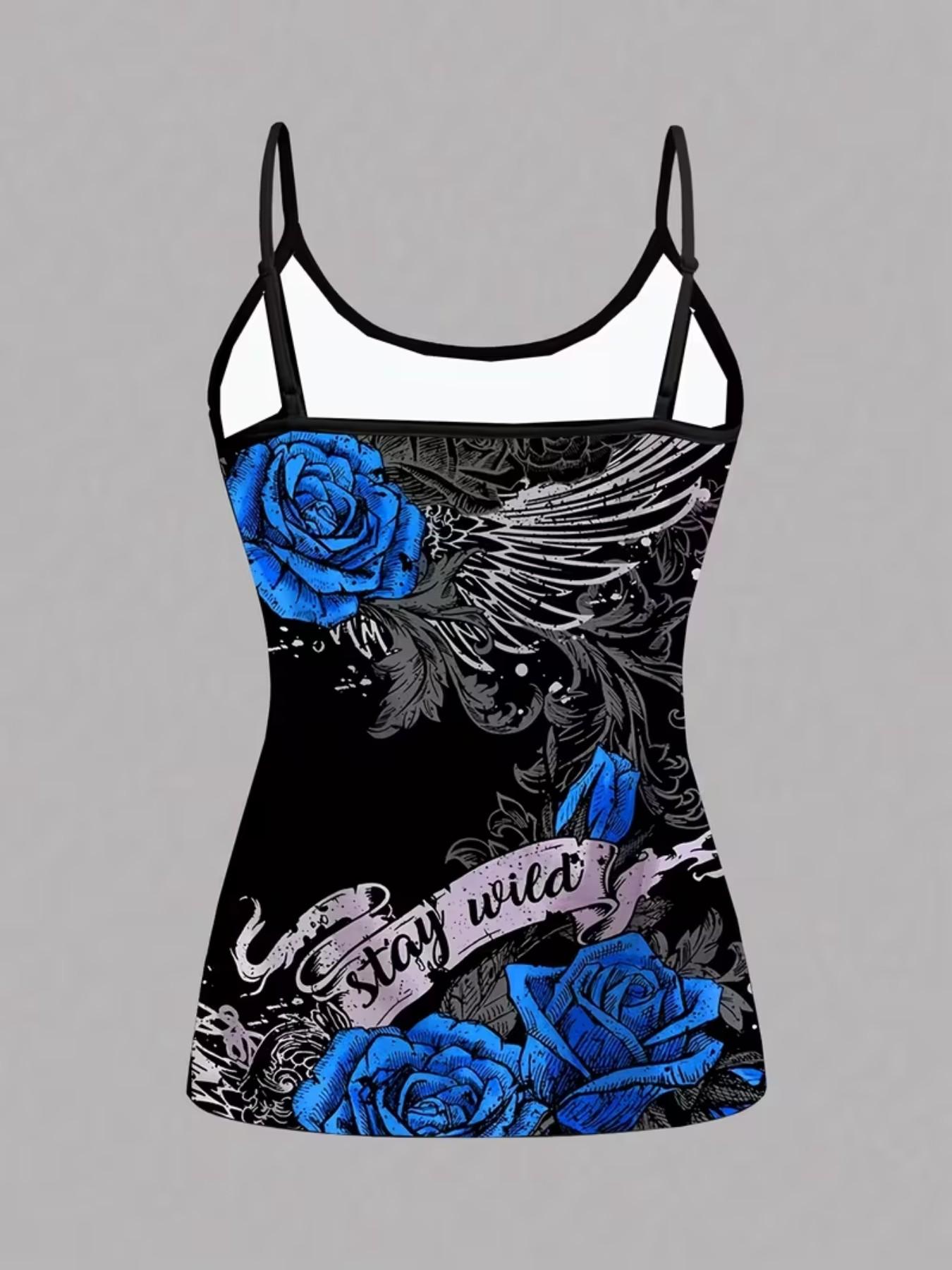 Gothic Rose Wing Print Strappy Set, Summer Home Sleepwear, Casual Sleeveless Slim-Fit Top, All over Print, Four-Piece