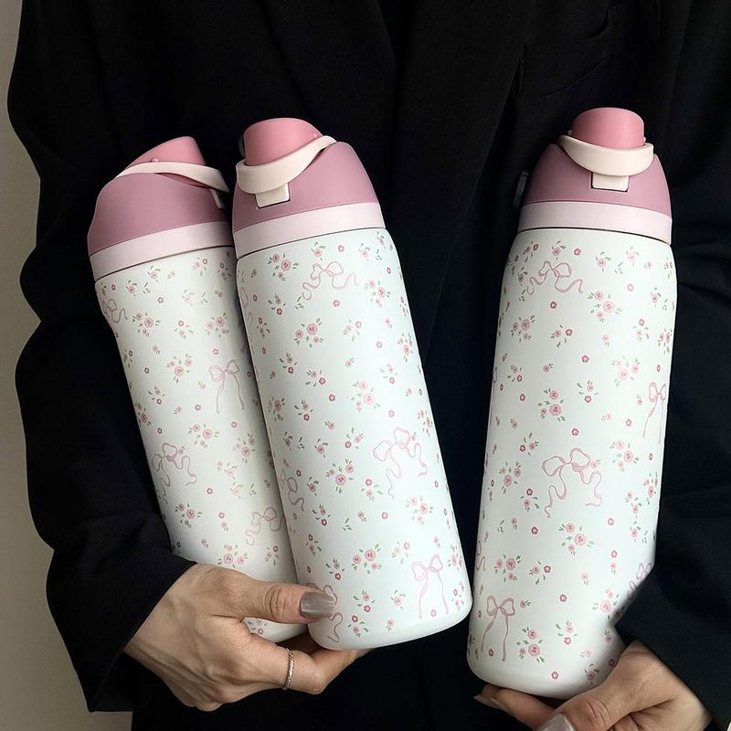 1pc Floral Pattern Insulated Double Wall Stainless Steel Sports Bottle, 24oz-32oz-40oz Sizes, Travel Cup with Straw Design for Gym School Travel, Thermo Tumbler, Insulated Water Bottle