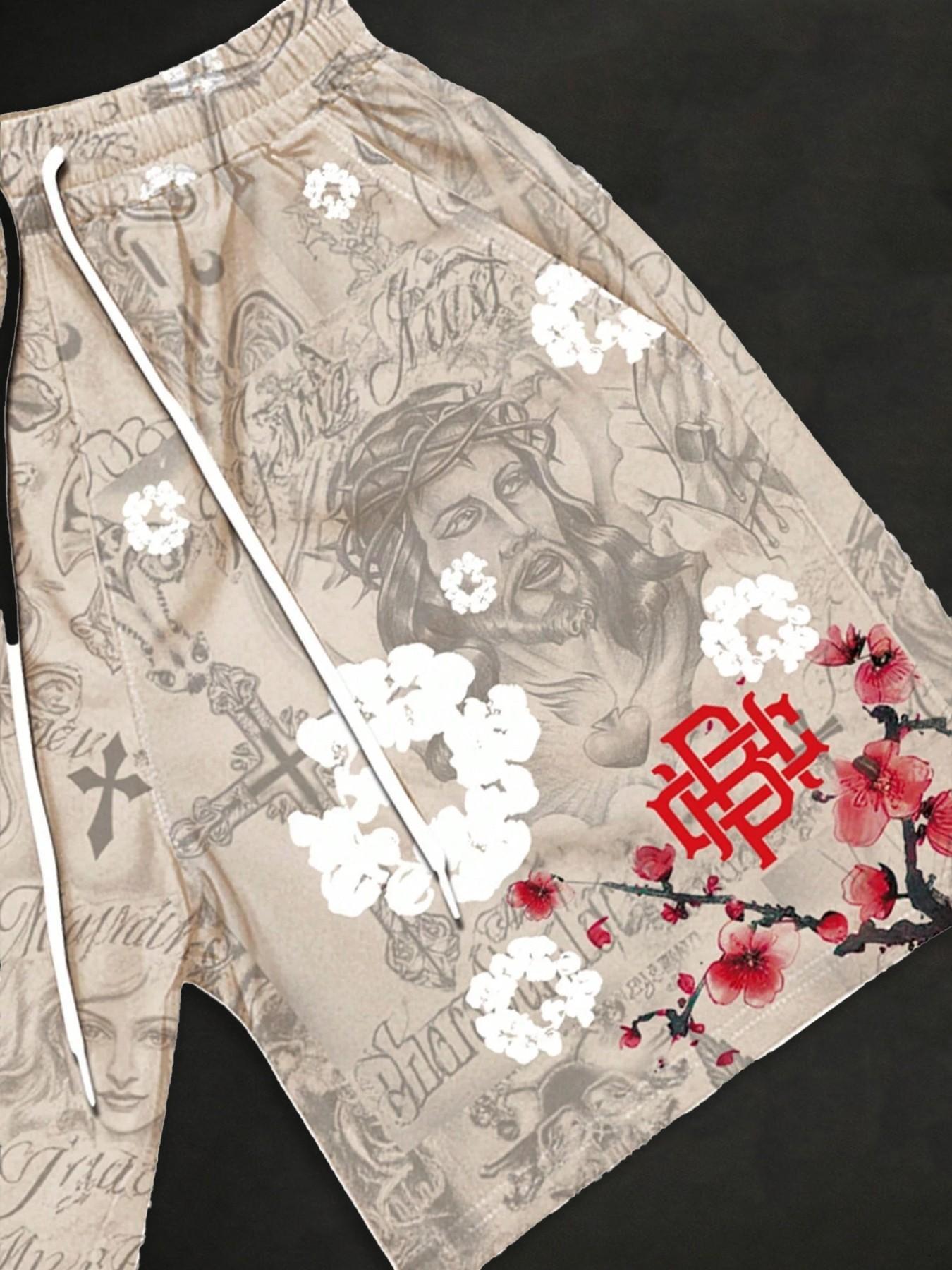 Unisex Jesus Religious Cherry Blossom Print Oversized Drawstring Casual Shorts | Y2K Gothic Japanese Aesthetic High Street American Retro Streetwear Beach Shorts