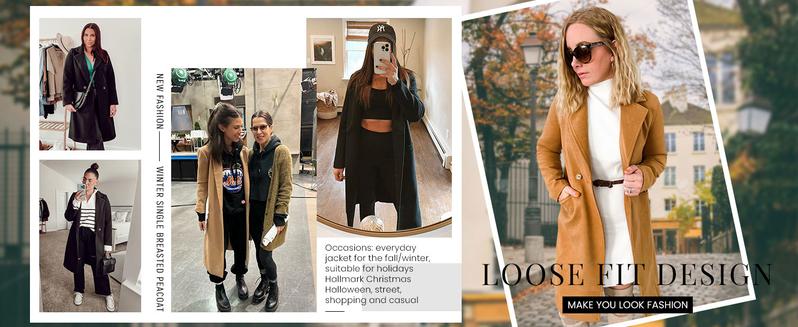 Molitree Women's Winter Notch Lapel Double Breasted Wool Blend Mid Long Pea Trench Coat