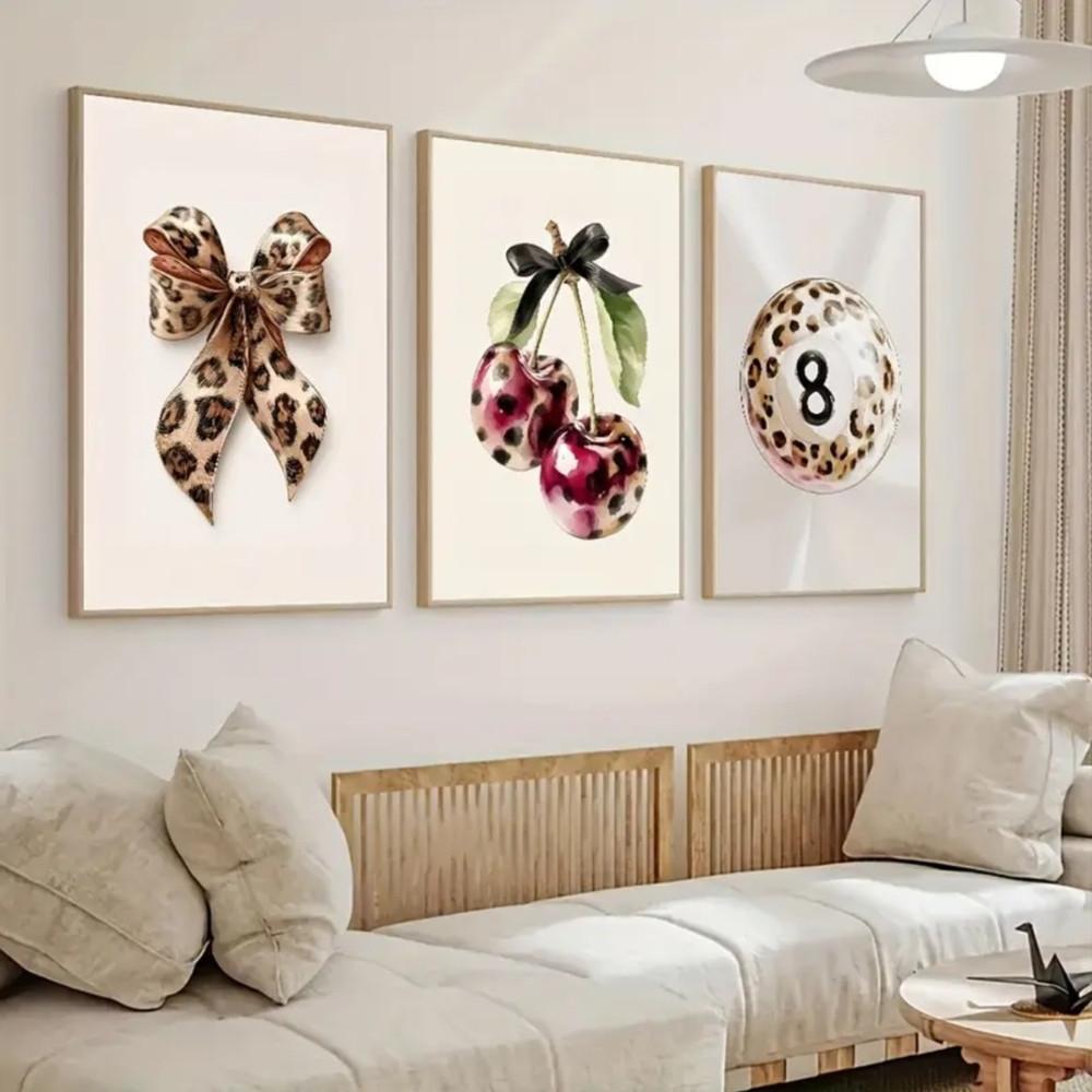3-Piece Optional Wooden Frame Teen Fashion Leopard Print Bow Cherry 8 Ball Poster High Precision Color Print Moisture-proof Flat Surface Anti-fade Clear Details Apartment Bedroom Living Room Decor