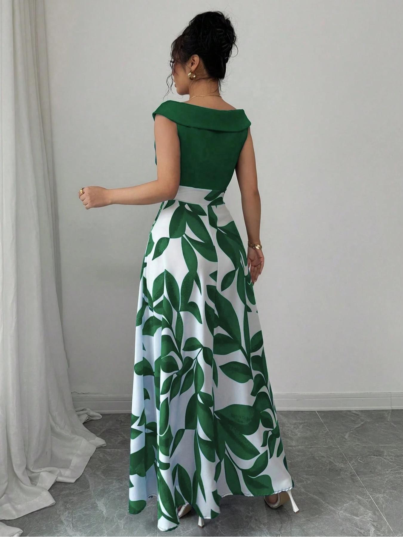 Women's Leaf Printed Patchwork Slim Fit V-Neck Flare Dress, Casual Vacation Style with Pockets, Perfect for Beach & Outdoor Activities