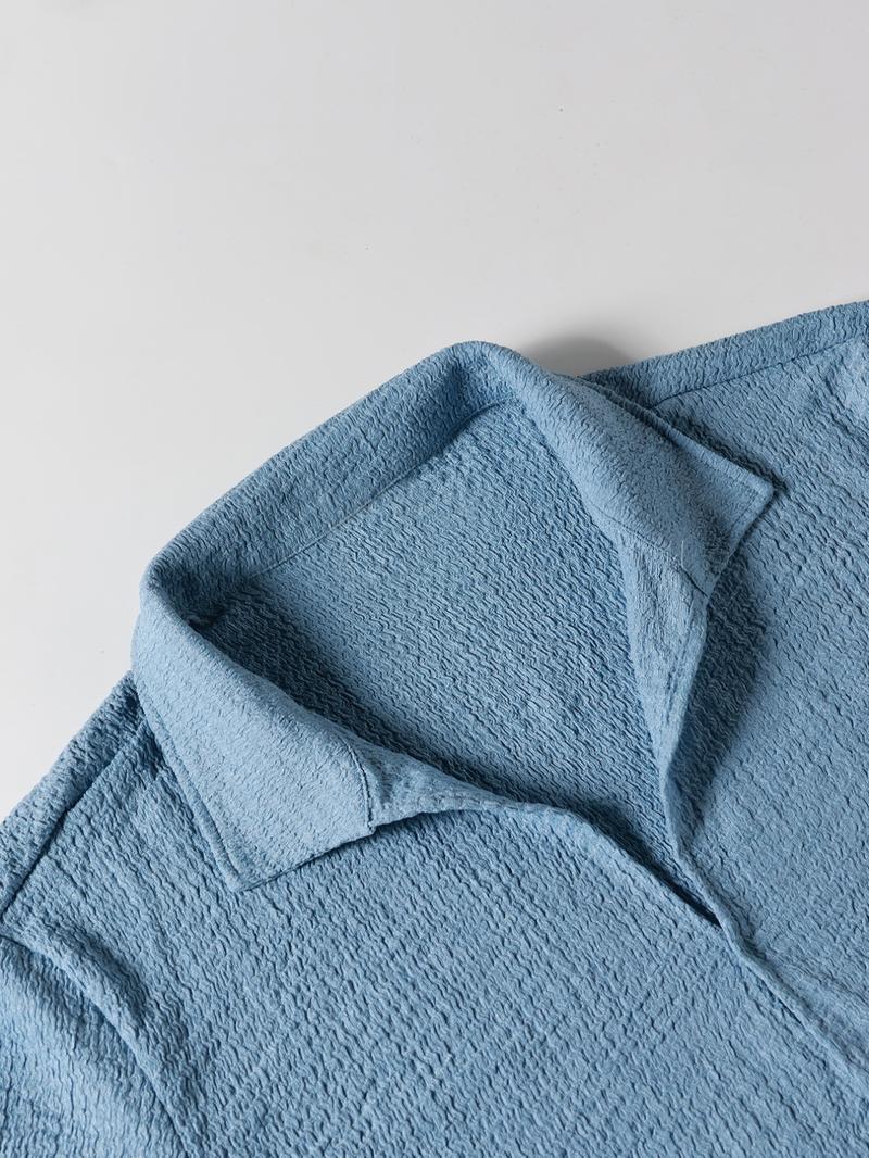 Men's Solid Jacquard Collared Blouse & Drawstring Pocket Pants Set, Casual Regular Fit Half Sleeve Top & Elastic Waist Trousers for Spring & Summer, Men's Clothes