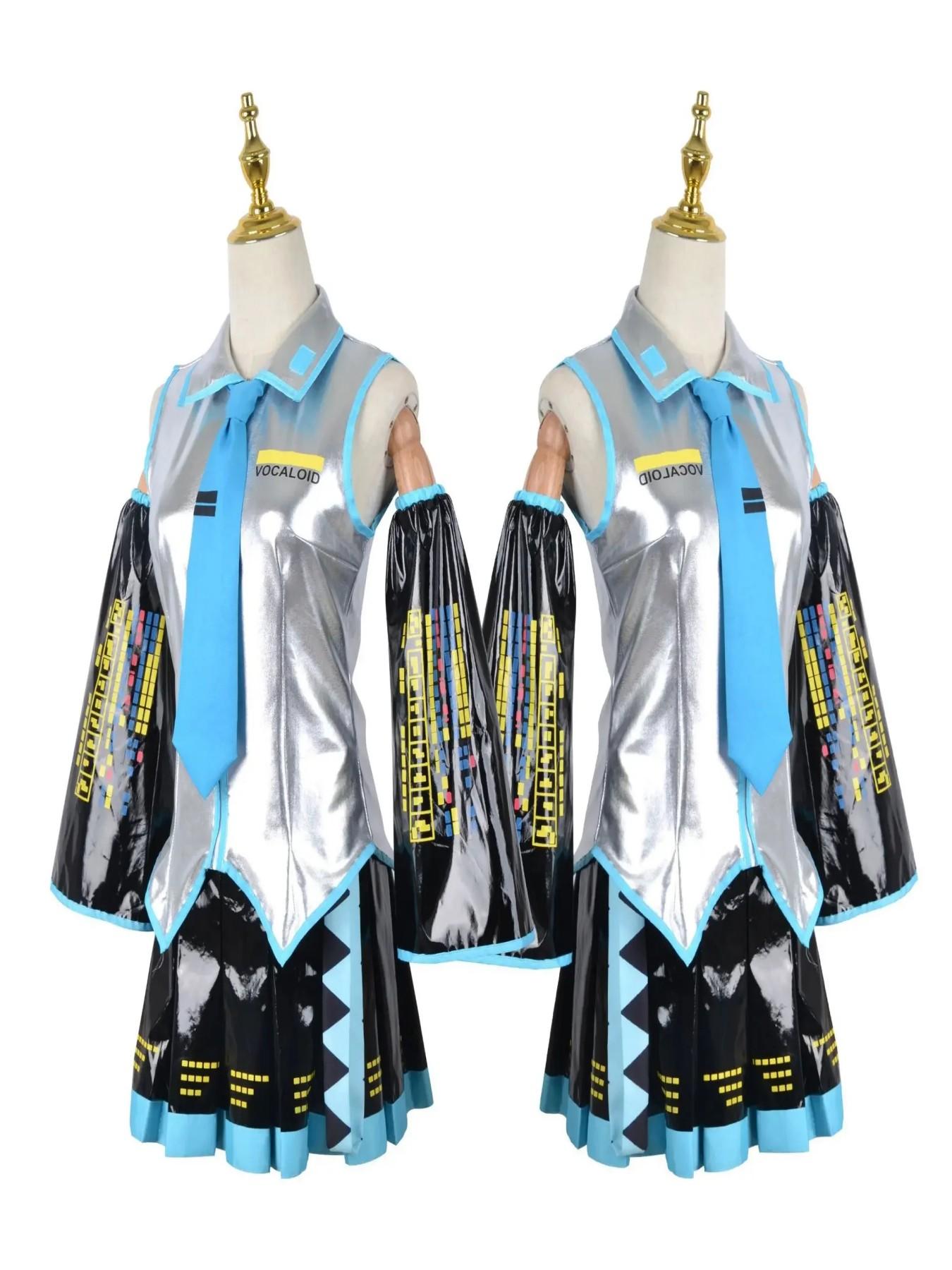 Miku Cosplay Full Set Silver Leather Fabric Suit Miku Cosplay Headwear Costume Outfit JK Sailor Dress High School Uniform Hallow