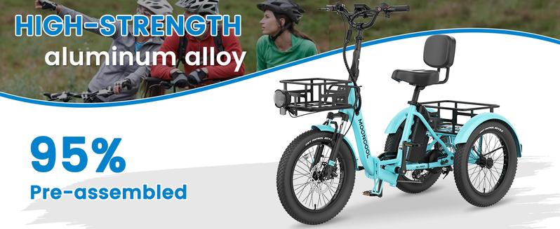 MOONCOOL Electric Tricycle for Adults, 750W 48V Folding Electric Trike Peak Power 1100W, 3 Wheels Electric Bicycle, Aluminum Frame Electric Tricycle with Large Basket and Removable Battery