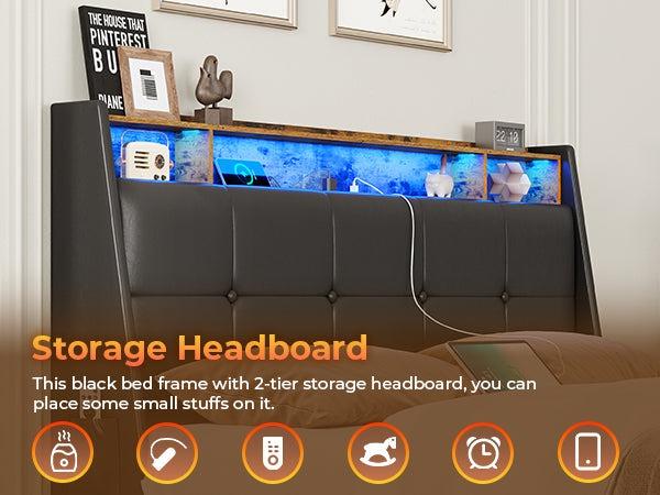 Sikaic 4 Storage Drawers LED Bed Frame with Charging Station Black Furniture Home Modern Interior Upholstered Platform