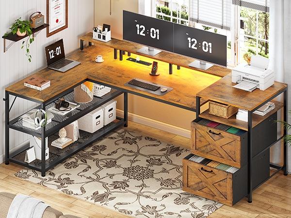 SEDETA 67" L Shaped Desk with Drawers, Computer Office Desk with Storage Shelves & Power Outlet, Reversible Gaming Desk with LED Lights for Home Office