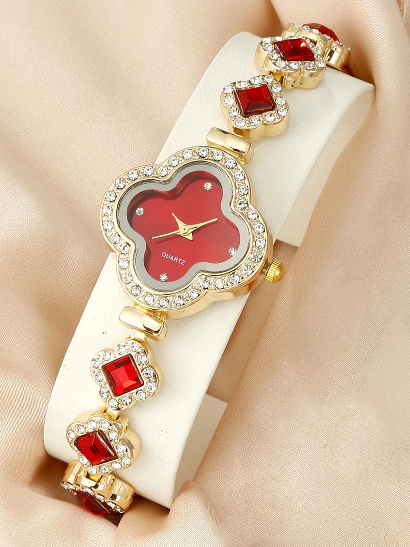 2-Piece Fashion Clover Bracelet Quartz Watch Emerald Women's Watch