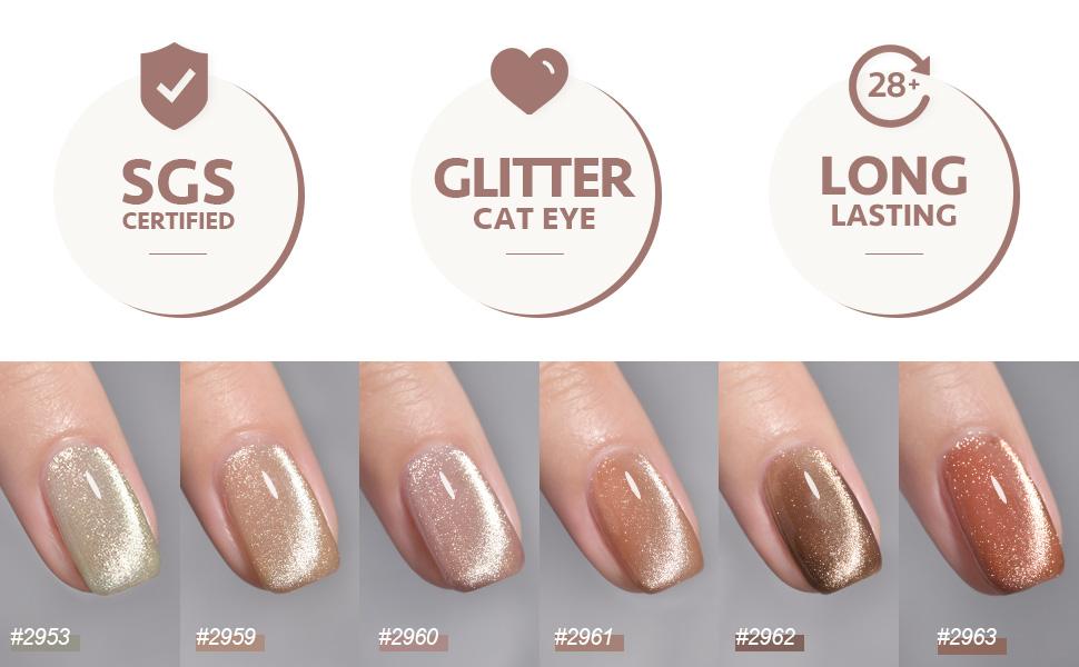 GAOY Sunlight Spilling Cat Eye Gel Nail Polish Set with Magnet, Sliver, Brown, Pink, Coral Holographic Cat Eye, Salon Gel Manicure and Nail Art DIY at Home