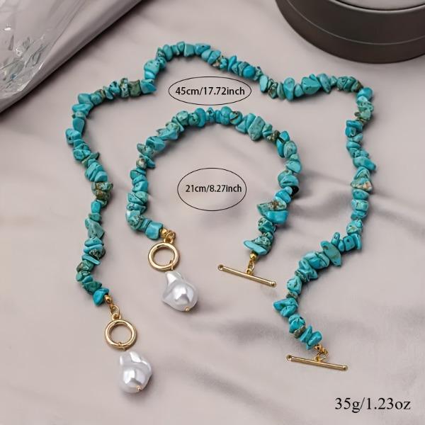 Women's 2-Piece Bohemian Jewelry Set, Baroque Pearl & Irregular Turquoise Beaded Pendants, Boho Charm for Beach Party & Casual Daily Matching, Baroque Pearls, Irregular Shape, Set Includes 2 Pcs, Turquoise Beads, Alloy Metal Chain, Boho Casual, Irregular