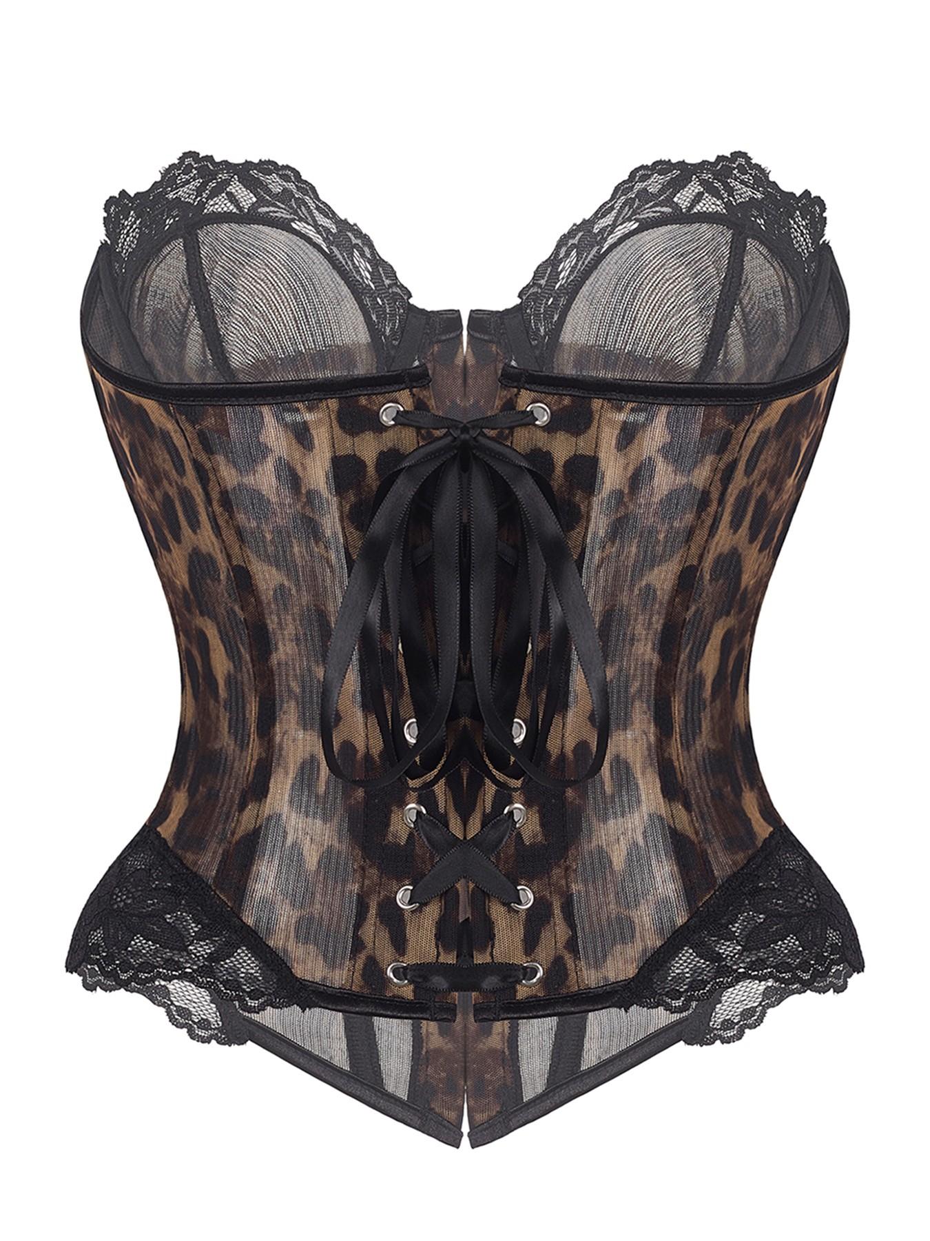 Y2K Leopard Print Lace Trim Corset Top Front Buckle Boned Waist Trainer Sheer Mesh Slimming Bustier For Women Club Party Date Night Outfit Underwear Womenswear classic staple musthave piece timeless style essential basic