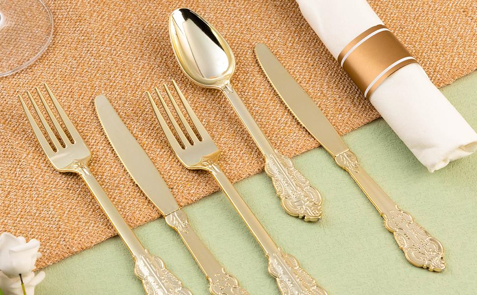 100 Pack Heavyweight Gold Plastic Silverware Set 300 Cutlery & 100 Pre-Rolled Napkins for Wedding Party Christmas Anniversary Decorations Supplies - Disposable Plates