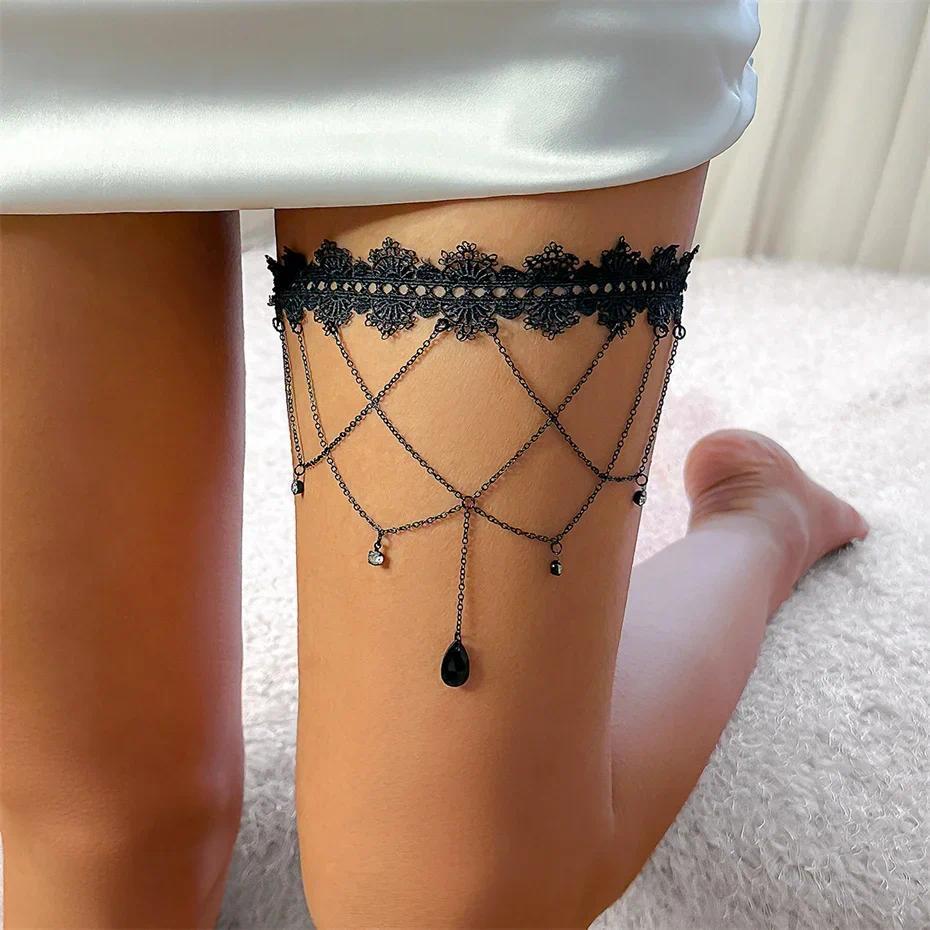 Boho Elastic Band Black Lace Leg Thigh Chain for Women Bikini Summer Festival Party Body Jewelry Wed Accessories Gift