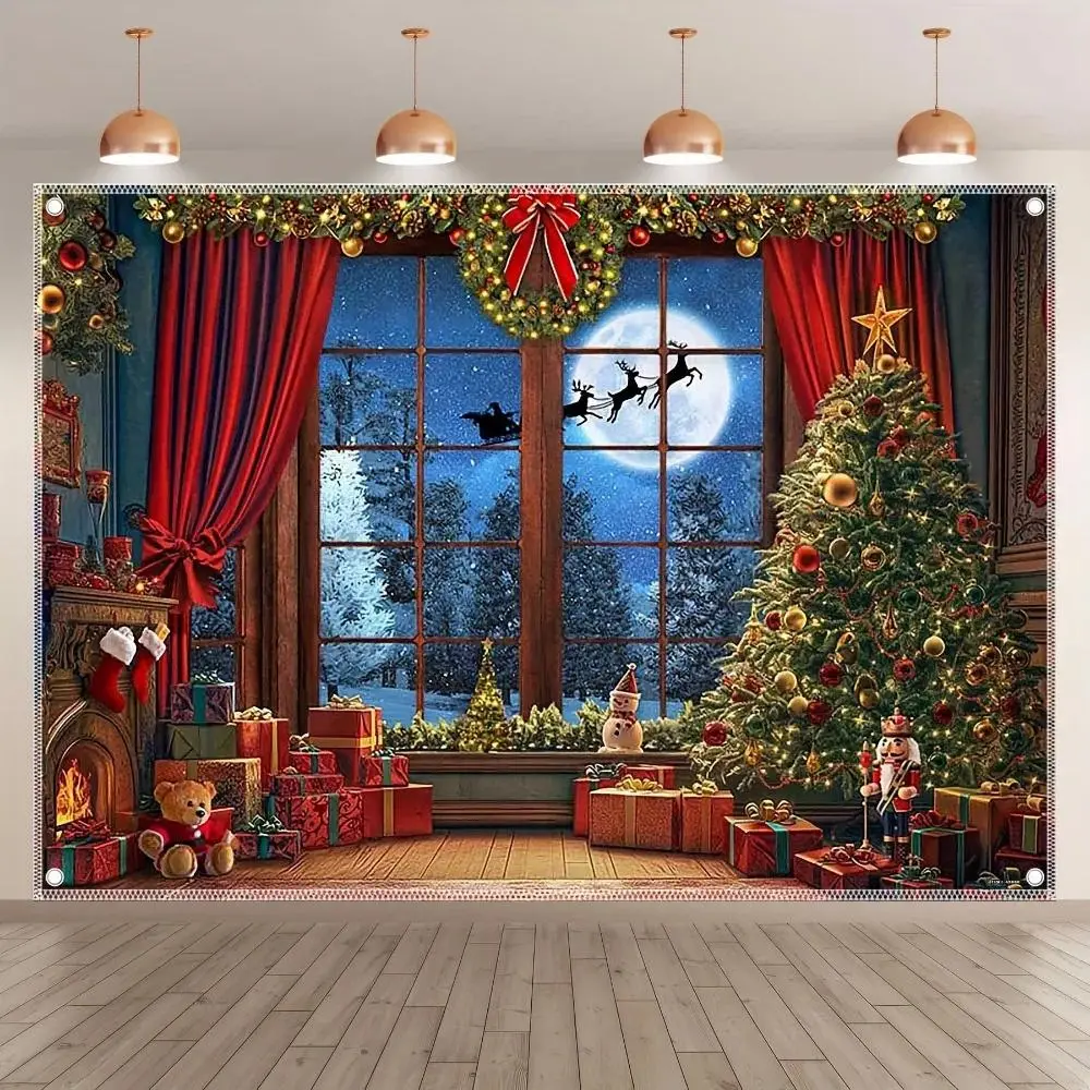 2D flat 1 piece of winter wonderland scene polyester background fabric, perfect for Christmas and party decoration