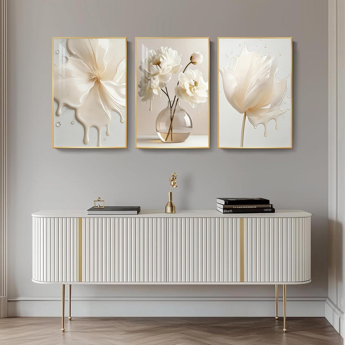 3 Counts Aluminum Alloy Framed Painting, Elegant White Liquid Floral Art Pictures, Home Decoration For Living Room, Bedroom, Office, Restaurant, Hallway Wall Decor, Odorless Print Artwork, Luxury Perfect Gift For Friends And Family