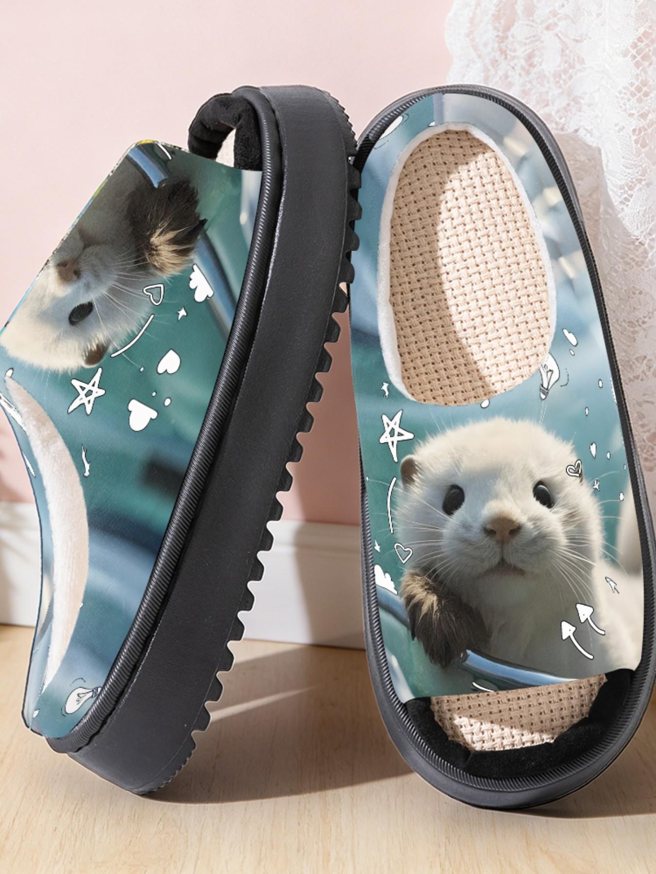 Cute Otter Print Linen Open-Toe Sandals, Casual Textile Eva Sole, Less Than Ankle Height, Cartoon Pattern, All Seasons Footwear