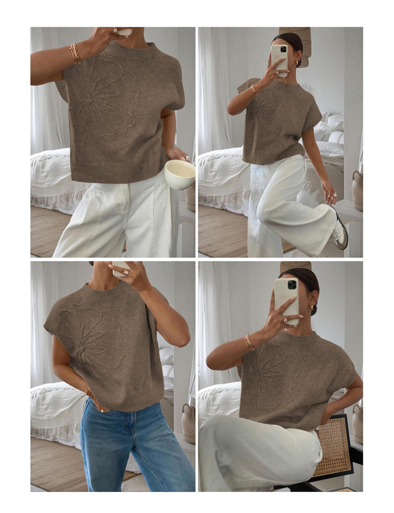 Women's Plain Flower Jacquard Semi-sheer Cable Knit Top, Casual Sleeveless V Neck Knitwear for Daily Wear, Ladies Clothes for All Seasons