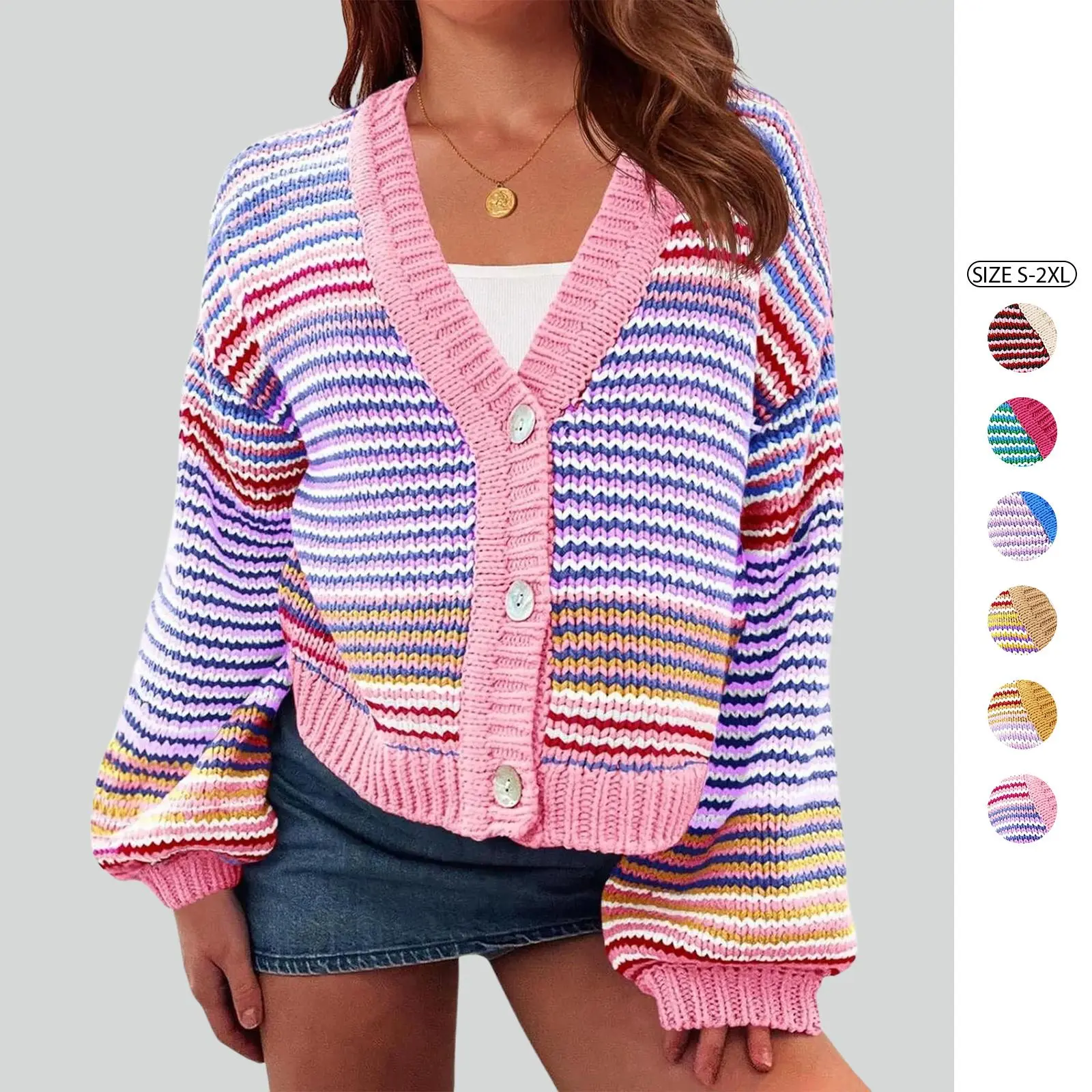 Imily Bela Womens Striped Cardigan Sweaters Oversized Puff Sleeve Button Up V Neck Color Block Knit Sweater Coat