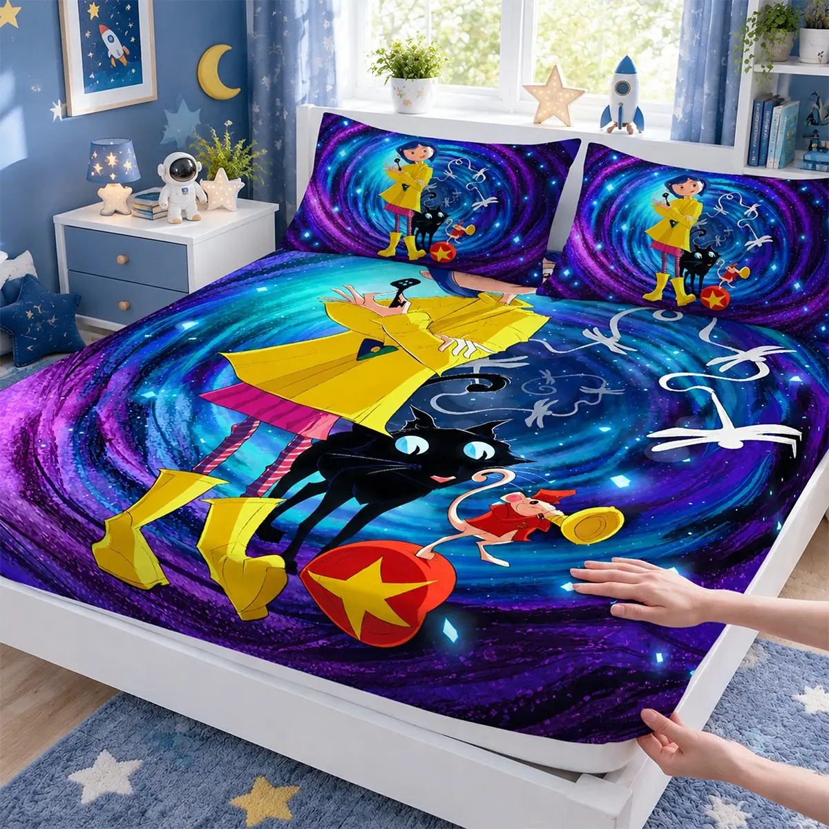 3-Piece *Coraline*-Inspired Bedding Set featuring a purple-toned galaxy swirl pattern (includes 1 fitted sheet and 2 pillowcases; comforter and pillow inserts not included) — perfect for home or dorm decor, and an excellent gift for the holidays.