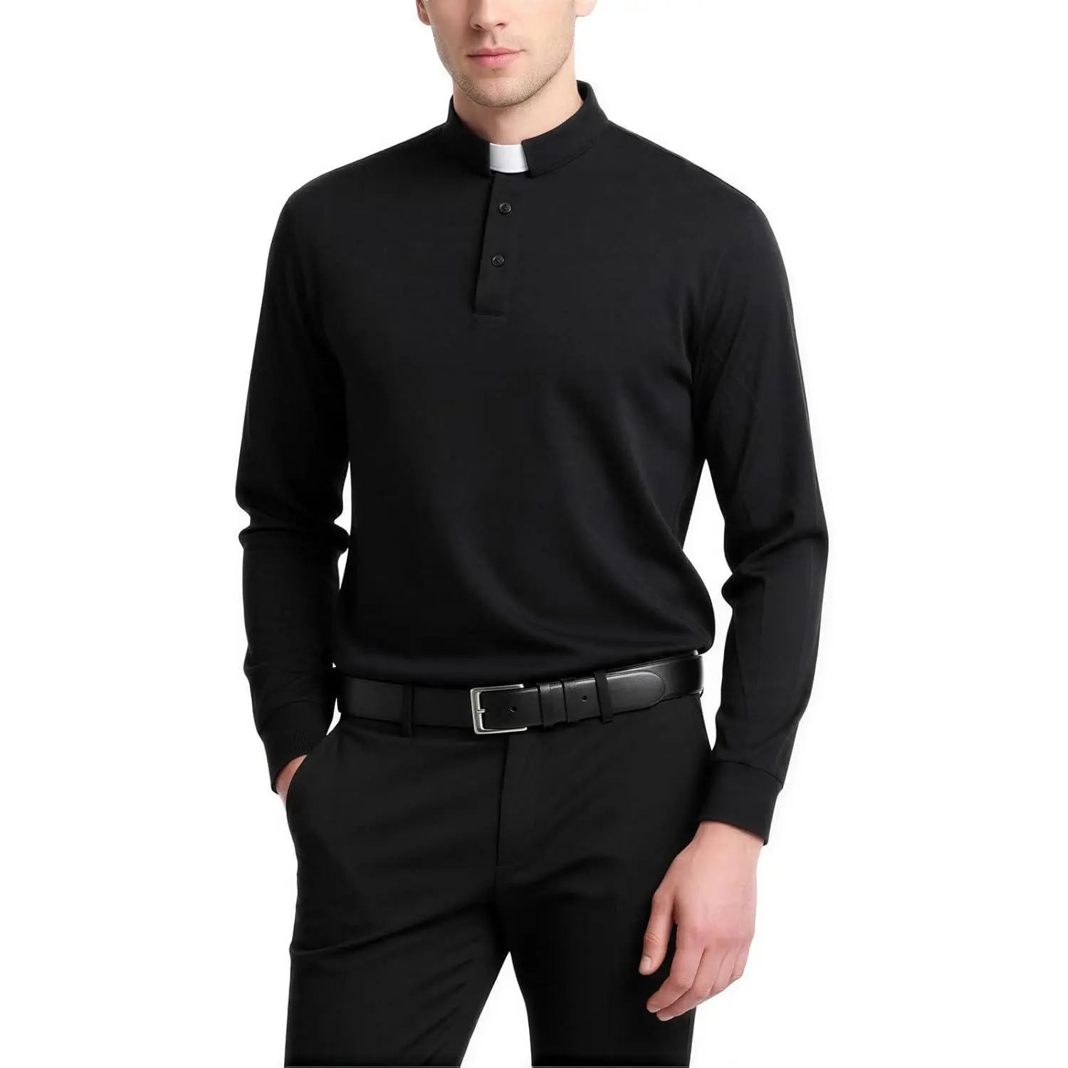 Men's Traditional Classic Long Sleeve Clergy Polo Shirt - Tab Collar Stretch Cotton Blend Fabric Menswear Top for Pastors, Regular Fit with Removable White Tabs