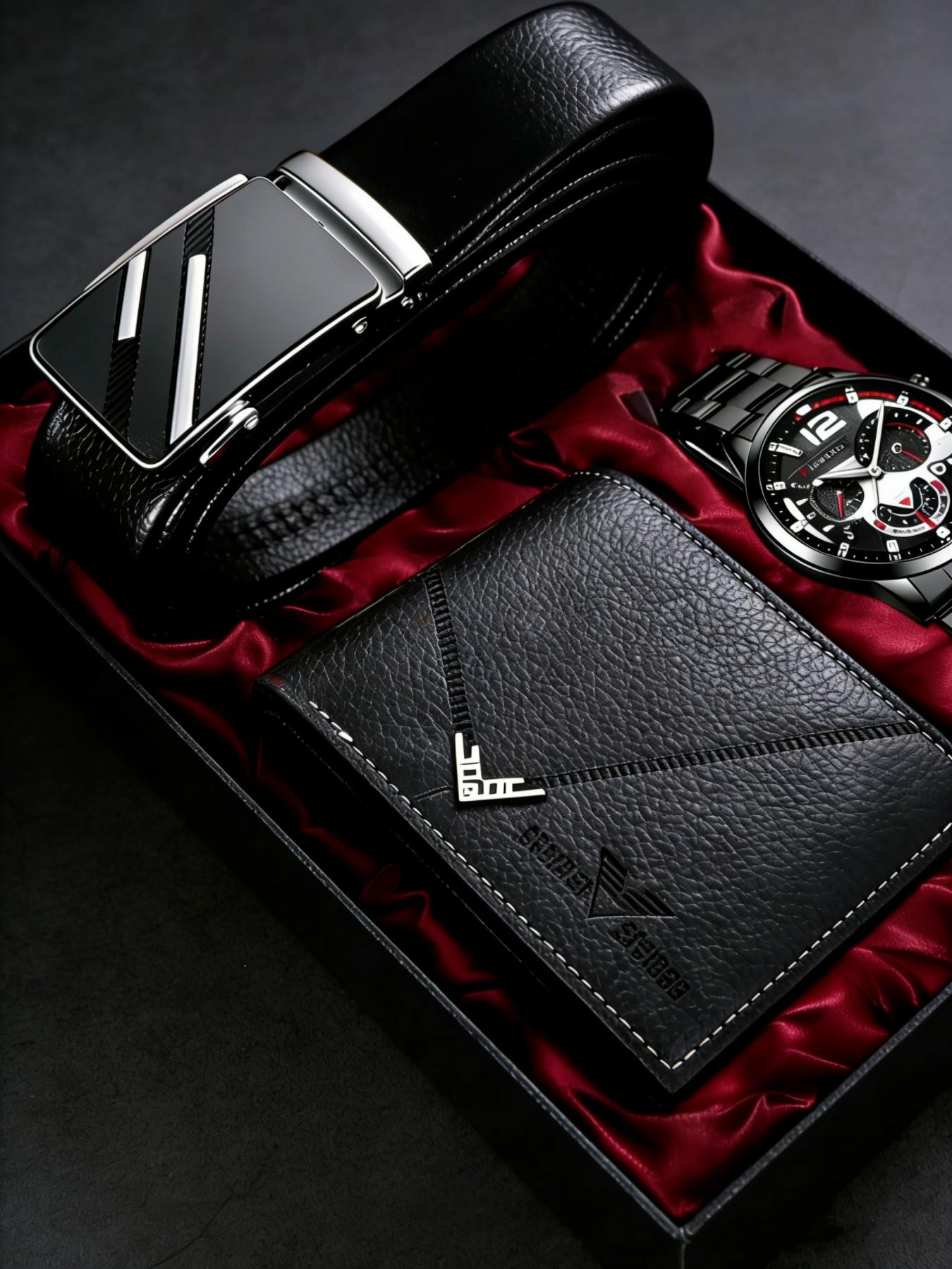 Men's Fashion Quartz Watch Set with Wallet and Belt, Accessories Set, High-End Gift Box Included, Perfect for Business Casual Daily Wear