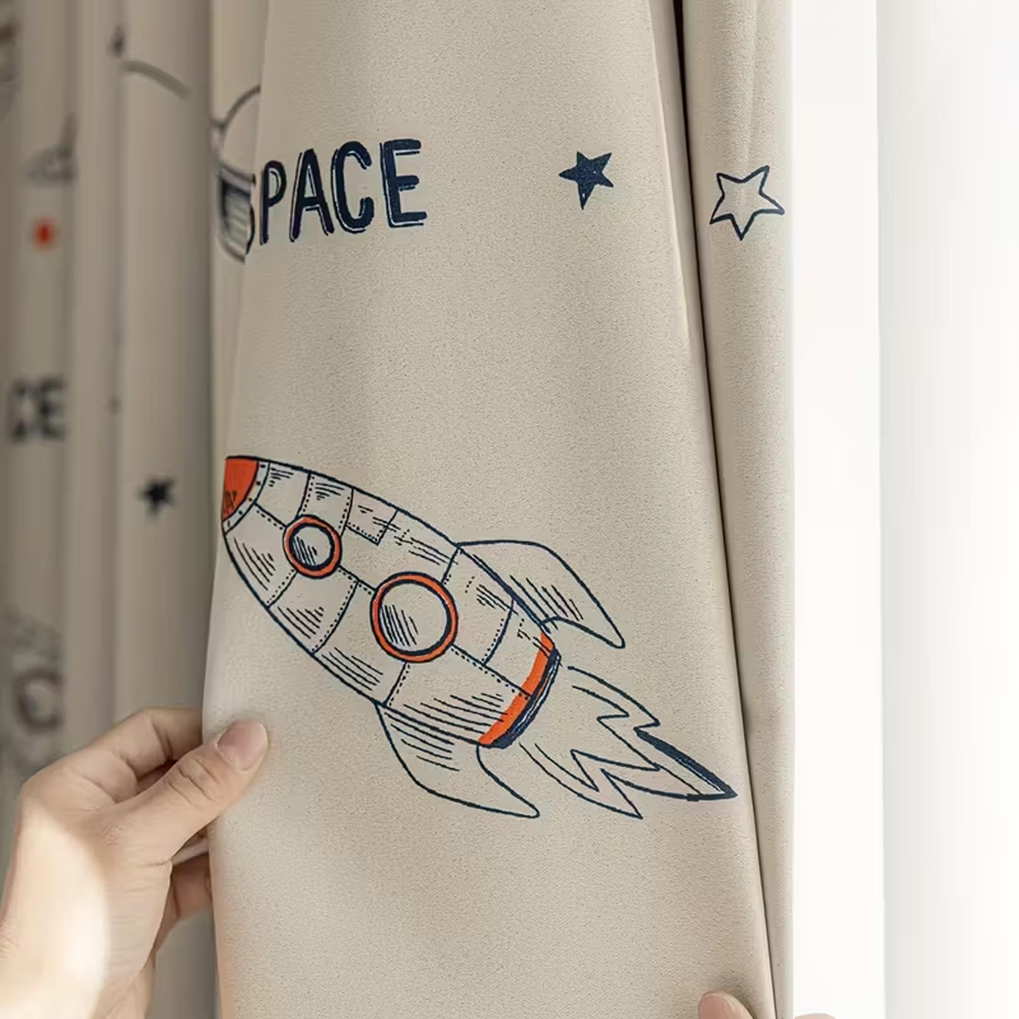 1pc Healing Space Cartoon Kids Curtain, Rocket Star Print, High Light Block, Cozy Atmosphere for Boy's Room Bedroom, Single Piece