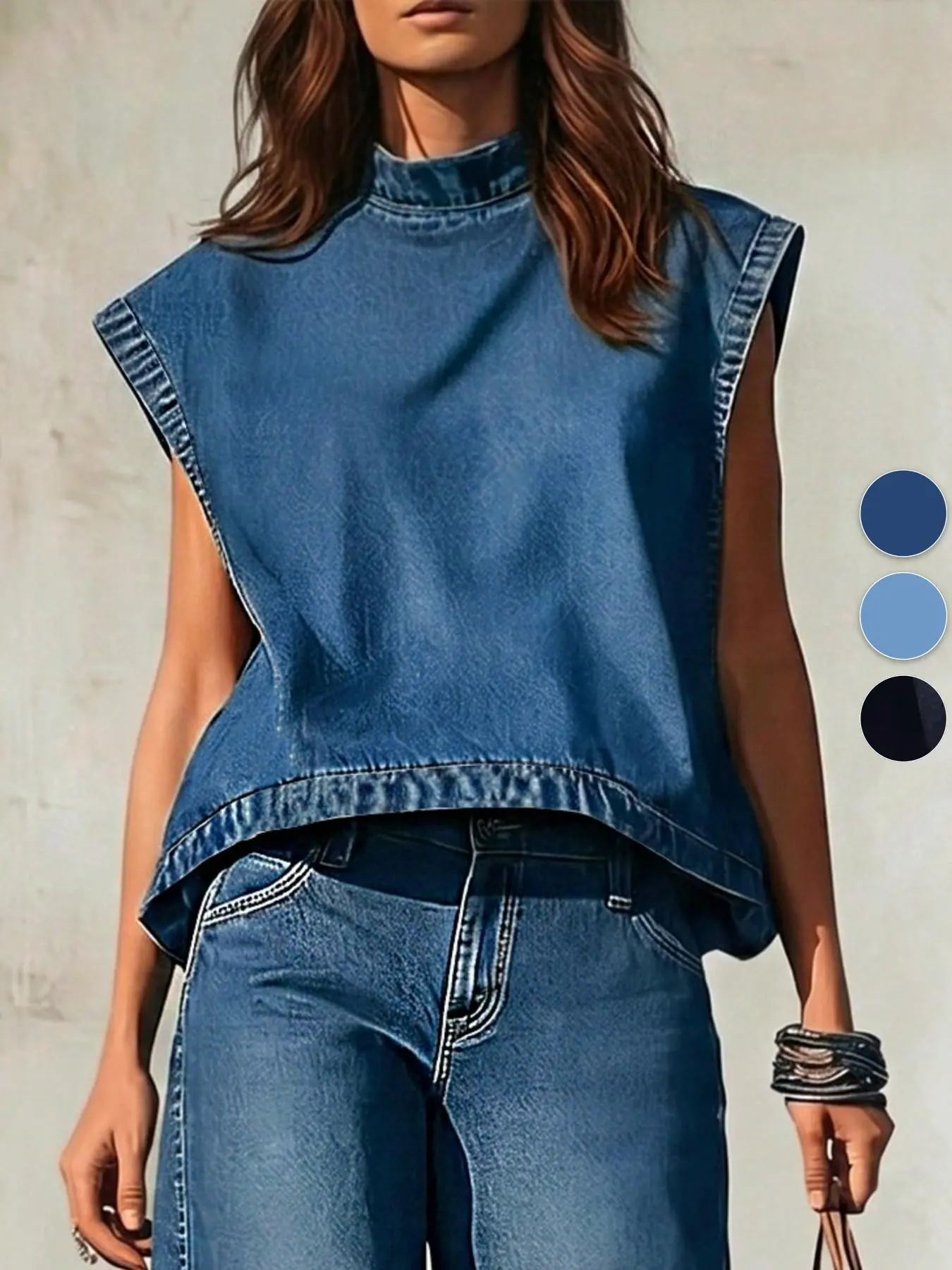 Loose Fit Half High Neck Sleeveless Denim Vest Top, Casual Fashionable Upper Bodywear, Comfortable Daily Wear Clothing