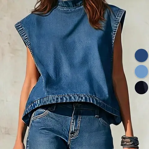 Loose Fit Half High Neck Sleeveless Denim Vest Top, Casual Basic Fashionable Upper Bodywear, Comfortable Daily Wear Clothing