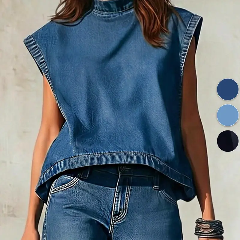 Loose Fit Half High Neck Sleeveless Denim Vest Top, Casual Basic Fashionable Upper Bodywear, Comfortable Daily Wear Clothing