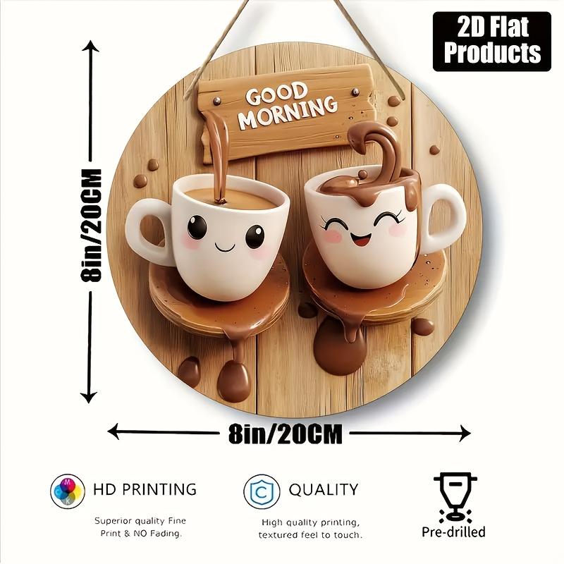 1PC 2D Flat, Vintage Tea Theme Wooden Wall Hanging, 8x 8inch - Fantasy Cup and Plate Design, with "Good Morning" Message, Perfect for Kitchen, Coffee Shop, Home, Living Room, and Office Decoration