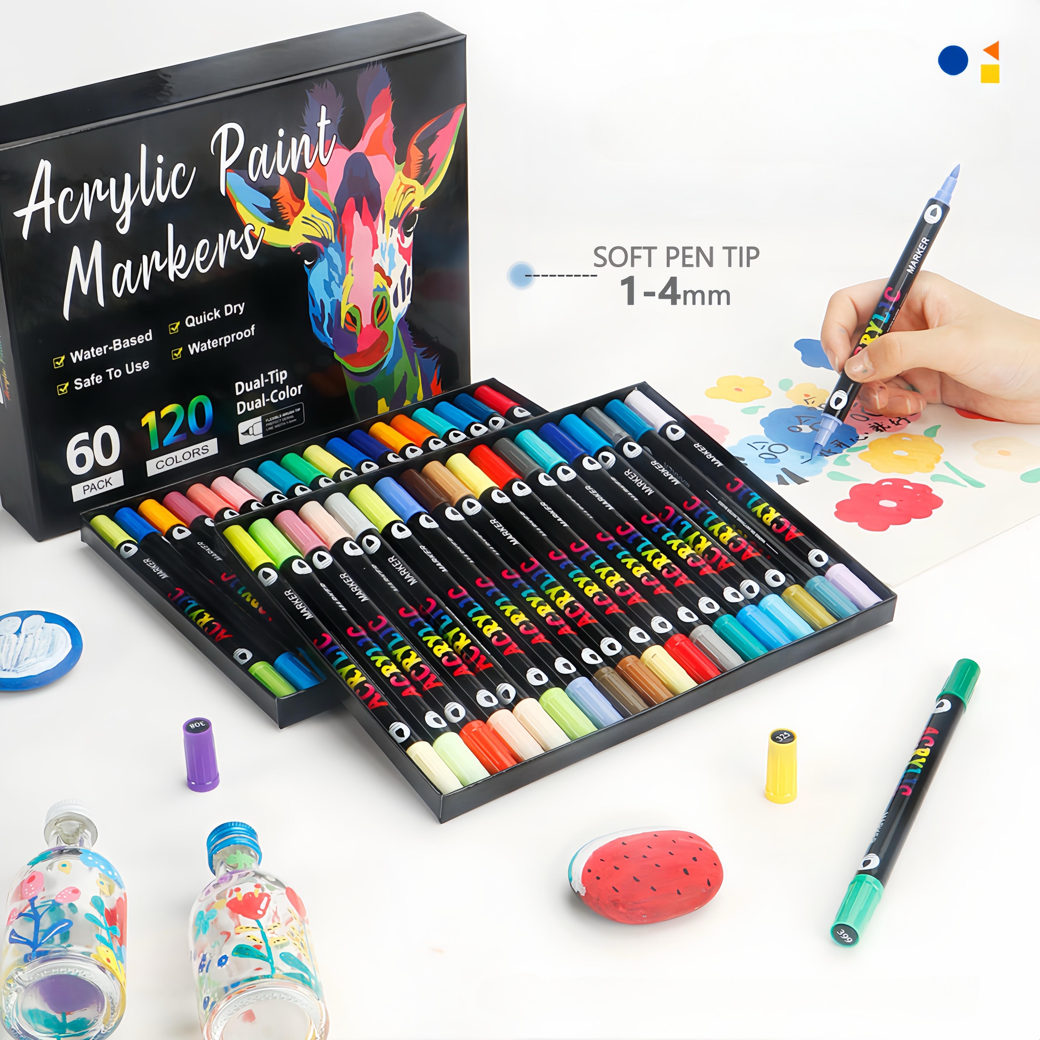 Acrylic Paint Markers Dual Tip Fine & Brush Nibs Non Toxic Waterproof Pigments for Rock Wood Canvas Glass Art Drawing Tools DIY Craft Supplies Gift Creative Tool for School Projects Classroom Activities School Essential Office Fun Brush Tip Color Marker