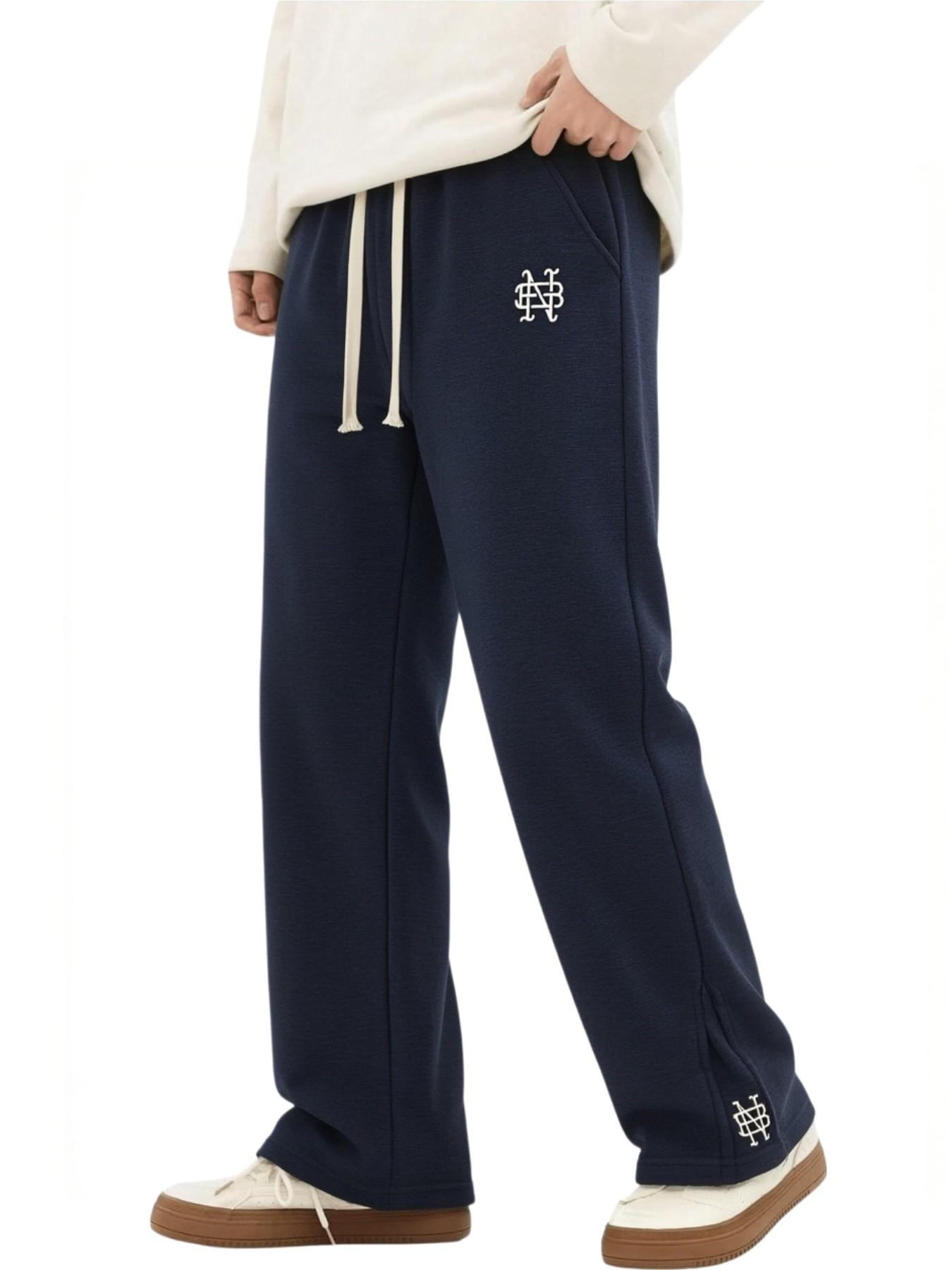 Men's Simple Embroidered Wide Leg Sweatpants, Loose Straight Drawstring Waist Sweatpants Sports Pants, Soft Casual Street Running Pants, Street Style Sweatpants, Fall Winter Wear