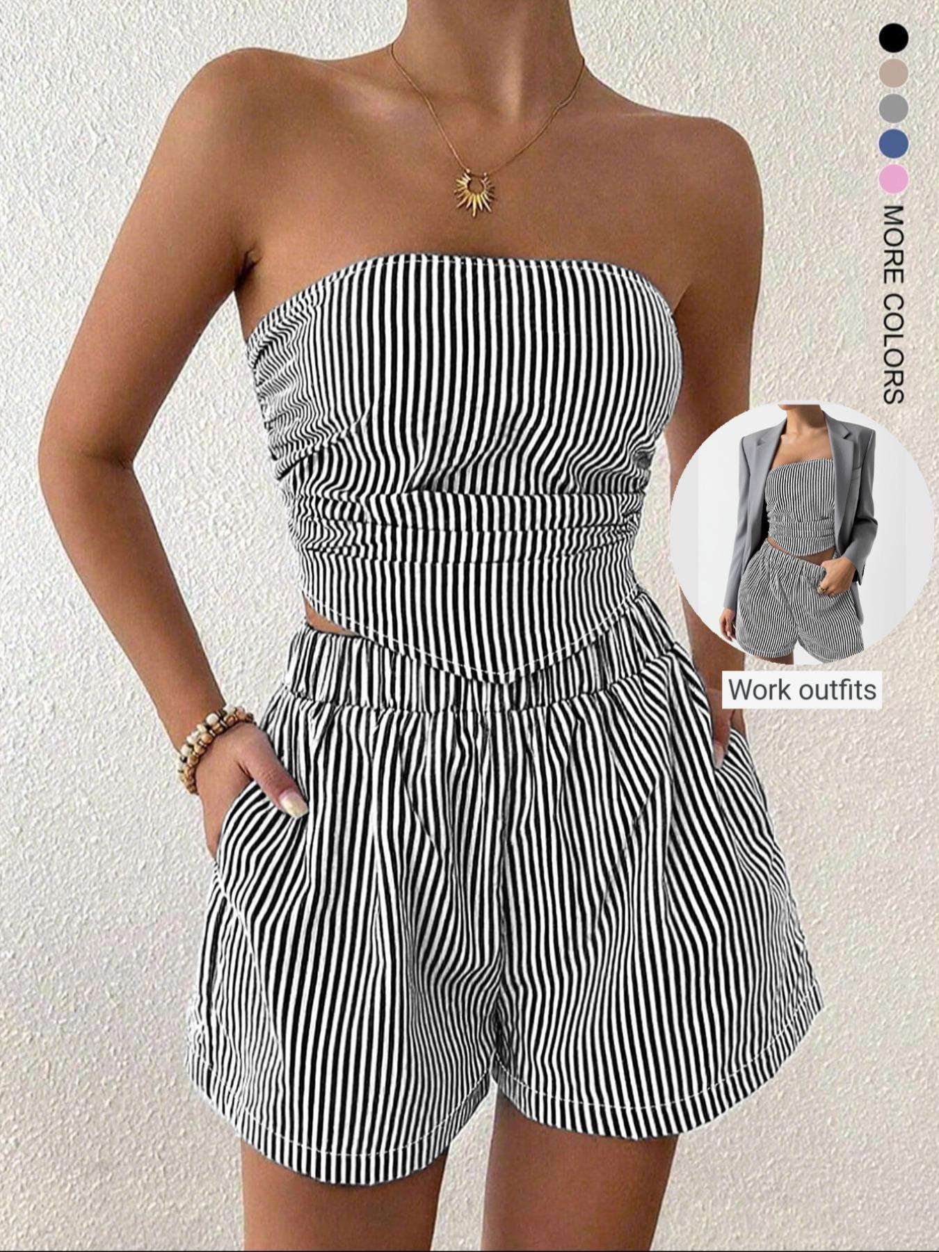 Women's Casual Striped Crop Top and Shorts Set, Fitted Ruched Design, Two-Piece, Perfect for Daily Wear