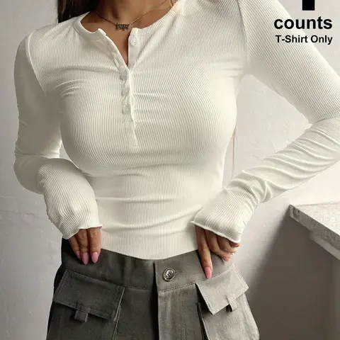 Women's Plain Half Button Front Ribbed Tee, Fashion Casual Long Sleeve Round Neck T-Shirt, Women's Spring & Fall Clothes for Daily Outdoor Wear, Casual Basic Tee