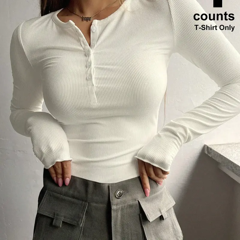 Women's Plain Half Button Front Ribbed Tee, Fashion Casual Long Sleeve Round Neck T-Shirt, Women's Spring & Fall Clothes for Daily Outdoor Wear, Casual Basic Tee