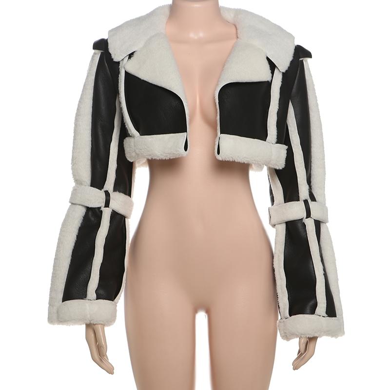 DOUCIU New Autumn And Winter Fashion Personality All-Match Hip-Hop Joint Cool Loose Casual Warm Ladies Retro Pu Leather Contrast Color Cardigan Short Jacket Coats