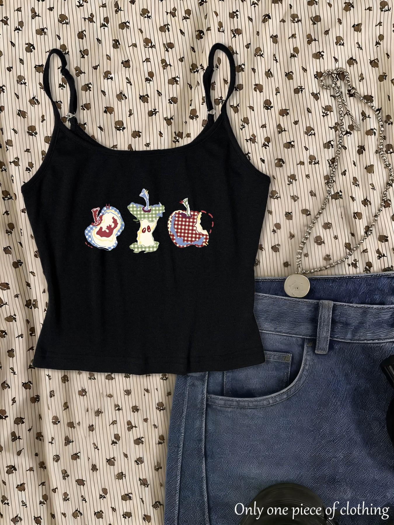 Y2K Style Apple Print Crop Top, Adjustable Shoulder Straps, Slim Fit Sleeveless Shirt, Streetwear Trendy Women's Clothing, Spring Summer New Arrival