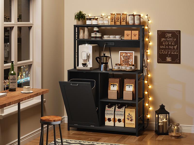 HOOBRO Bakers Rack Microwave Stand with Trash Can Bin Cabinet, 5-Tier Kitchen Organiser Storage Shelf Cabinet with Power Outlet, Tall Coffee Bar Table Station for Dining Room, Living Room#springtok