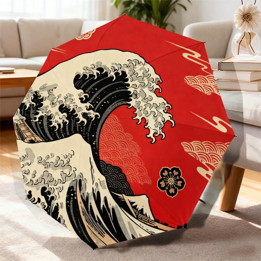Floating World Wave Automatic Umbrella, Lightweight Retractable Travel Umbrella, Japanese Inspired Design, Windproof 8 Ribs, Unisex