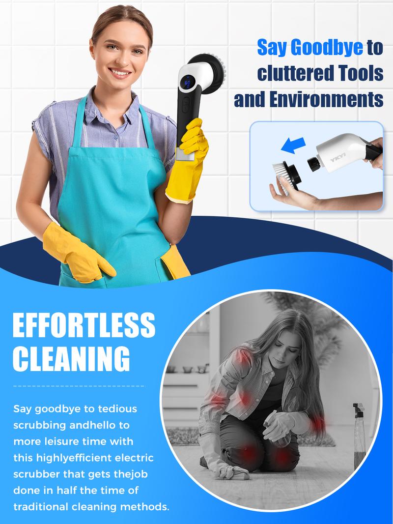 YKYI Cleaning Brush Electric Spin Scrubber, Cordless Shower Scrubber,  with 4 Replaceable Brush Heads 3 Adjustable Extension Handle, 2 Adjustable Speeds for Bathroom, Toilet, Household Kitchen Cleaner Supplies Home Portable,Appliance