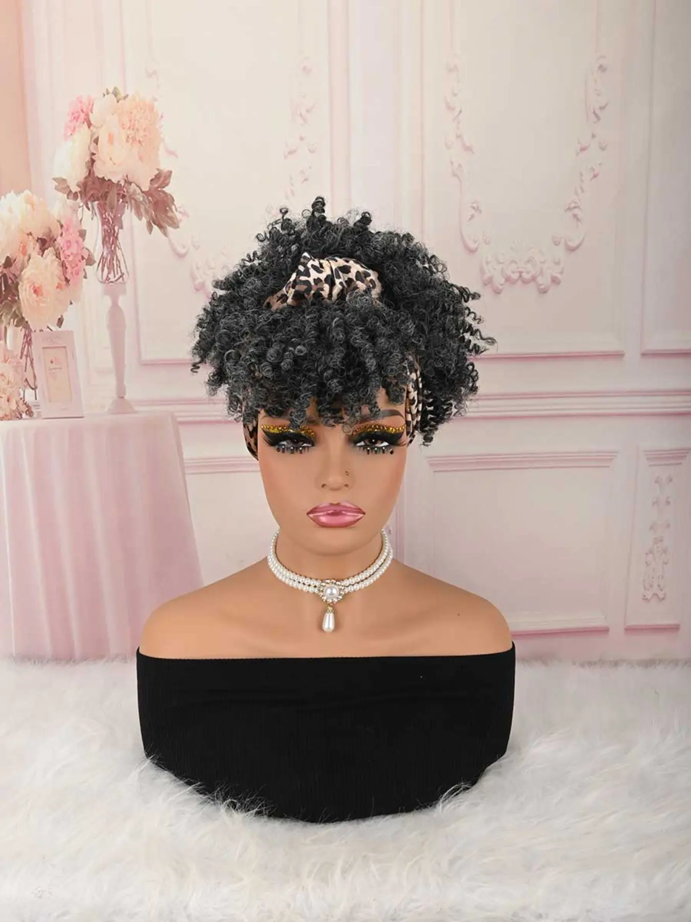 Grey Mixed Pre-tied Leopard Turban Curly Wig, Breathable Glueless Headband Hairpiece for Fast Daily Fashion Hairstyle Synthetic Wig