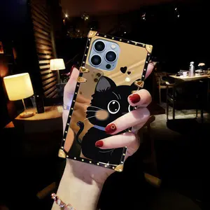 Cute Black Cat Mirror iPhone Case, Square Studded Soft Shockproof Cover for iPhone 17/16/15/14/13 Pro Max, Gift for Women
