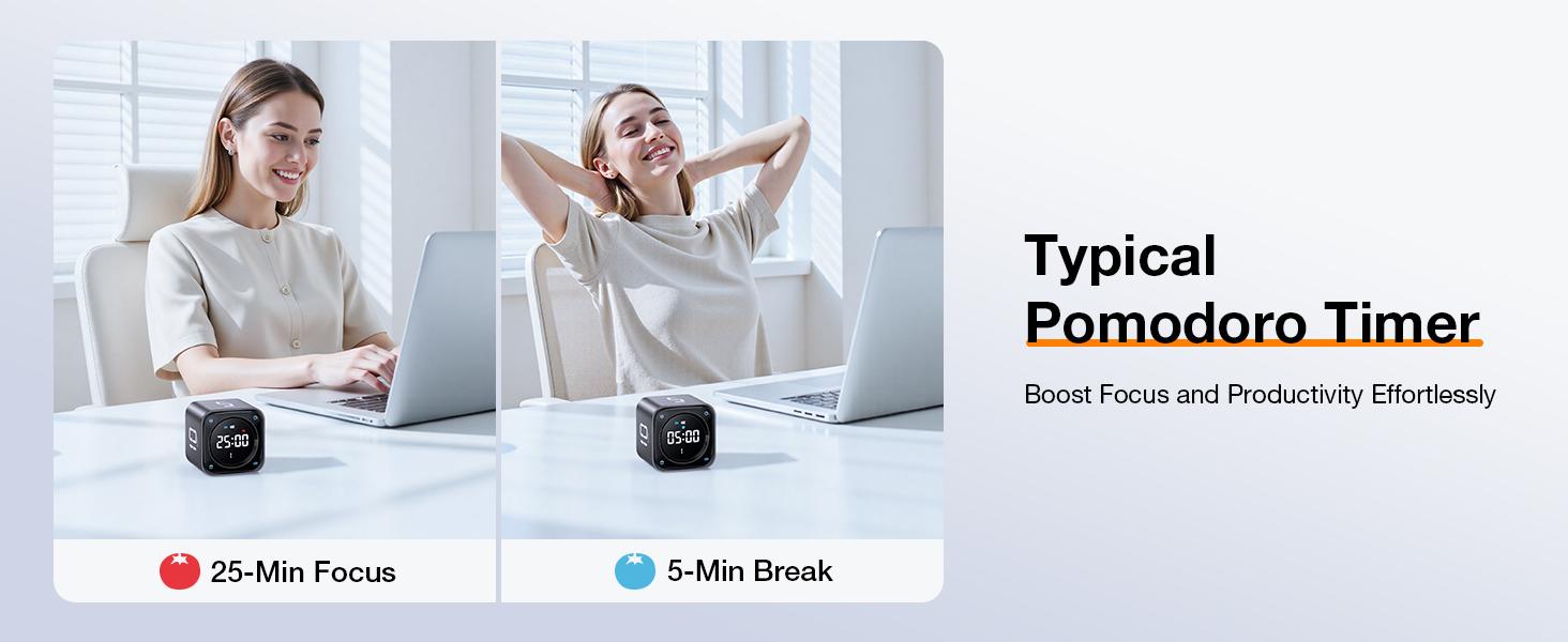 TK3 Pomodoro Timer Cube, Desk Productivity Timer with 5/10/30/60 Min Presets, Custom Countdown, Stopwatch, Clock, 3 Alarm, Silent, Vibrate & Sound Alert, for Task, ADHD, Study, Kitchen, Black
