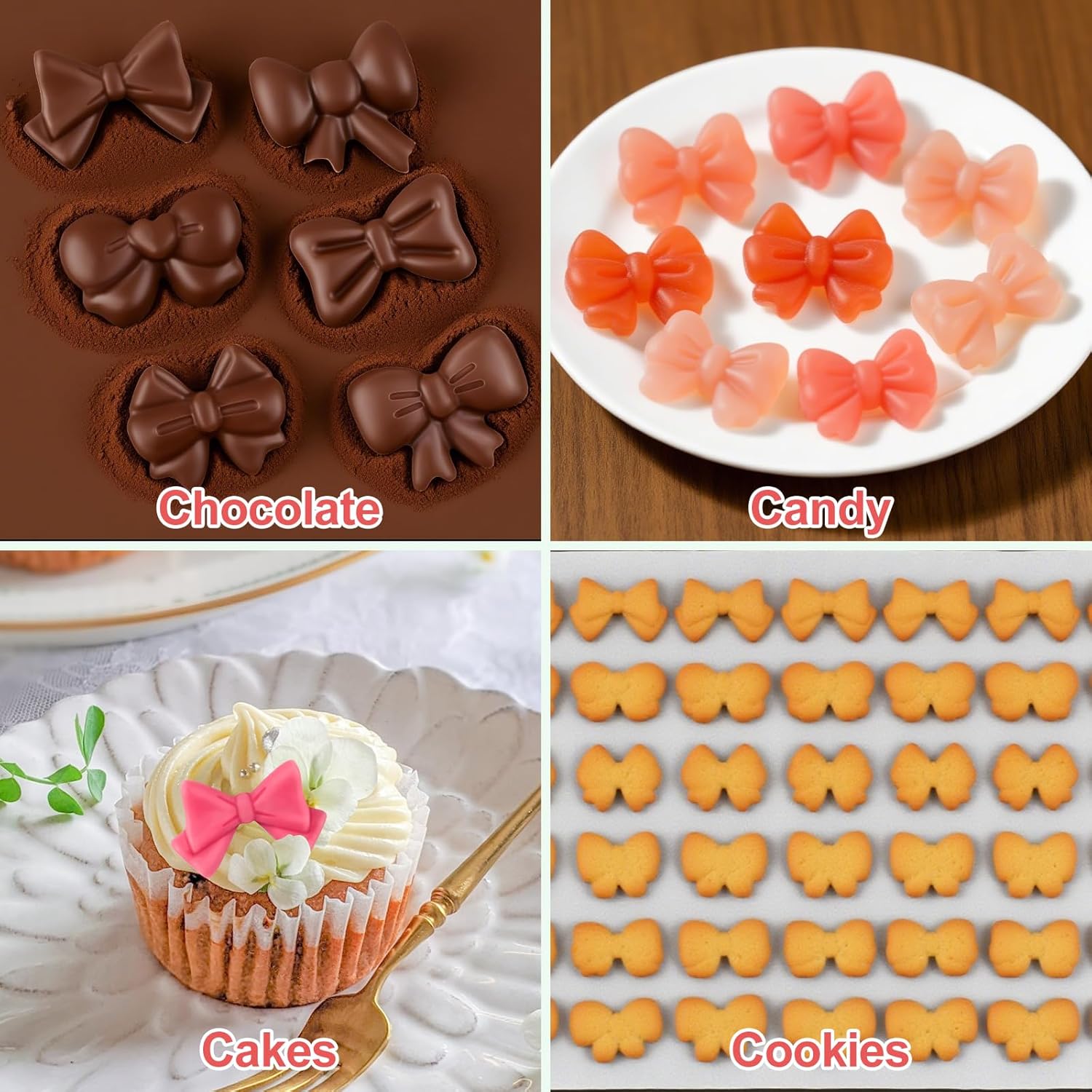 Chocolate Bow Molds, Silicone Bow Molds, 2-Pack Mini Silicone Ice Molds, Fondant Bow Molds, Suitable for Decorating Chocolates, Candies, Gummies, Sugars, Cookies, Cakes, and Cupcakes.