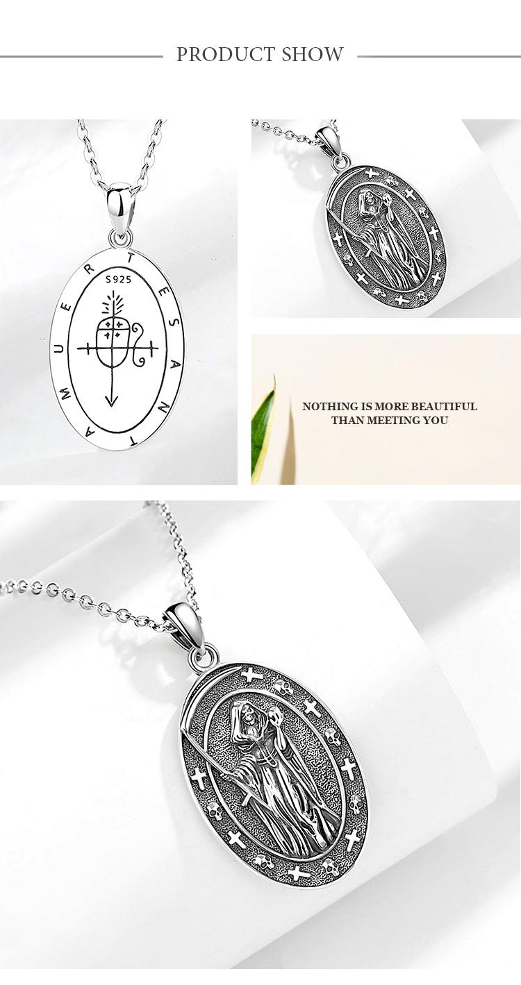 Santa Muerte Protection Pendant Necklace, 925 Sterling Silver Amulet, Mexican Saint Medallion, Holy Death Folk Amulet, Day of the Dead Jewelry