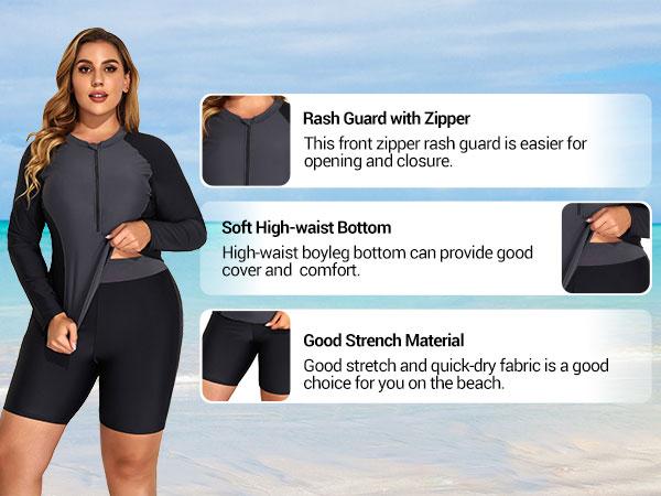 Daci Women Two Piece Plus Size Long Sleeve Rash Guard Bathing Suit Zip Front Athletic Boy Shorts Tankini Swimsuits UPF 50