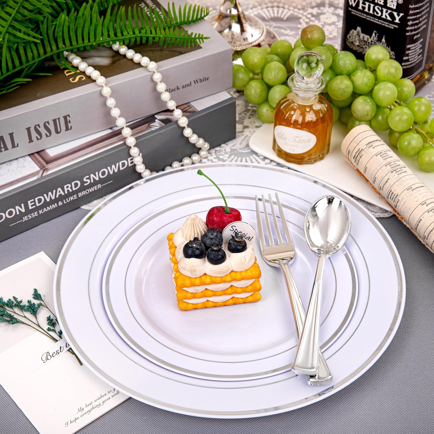 Gold/Silver/Rose Disposable Plates and Silverware Set: Dinner Plates,Dessert Plates, Cups,Napkins,Knife, forks, spoons-Perfect for Party Gold/Silver/Rose Disposable Plates and Silverware Set: Dinner Plates,Dessert Plates, Cups,Napkins,Knife, forks, spoons-Perfect for Party