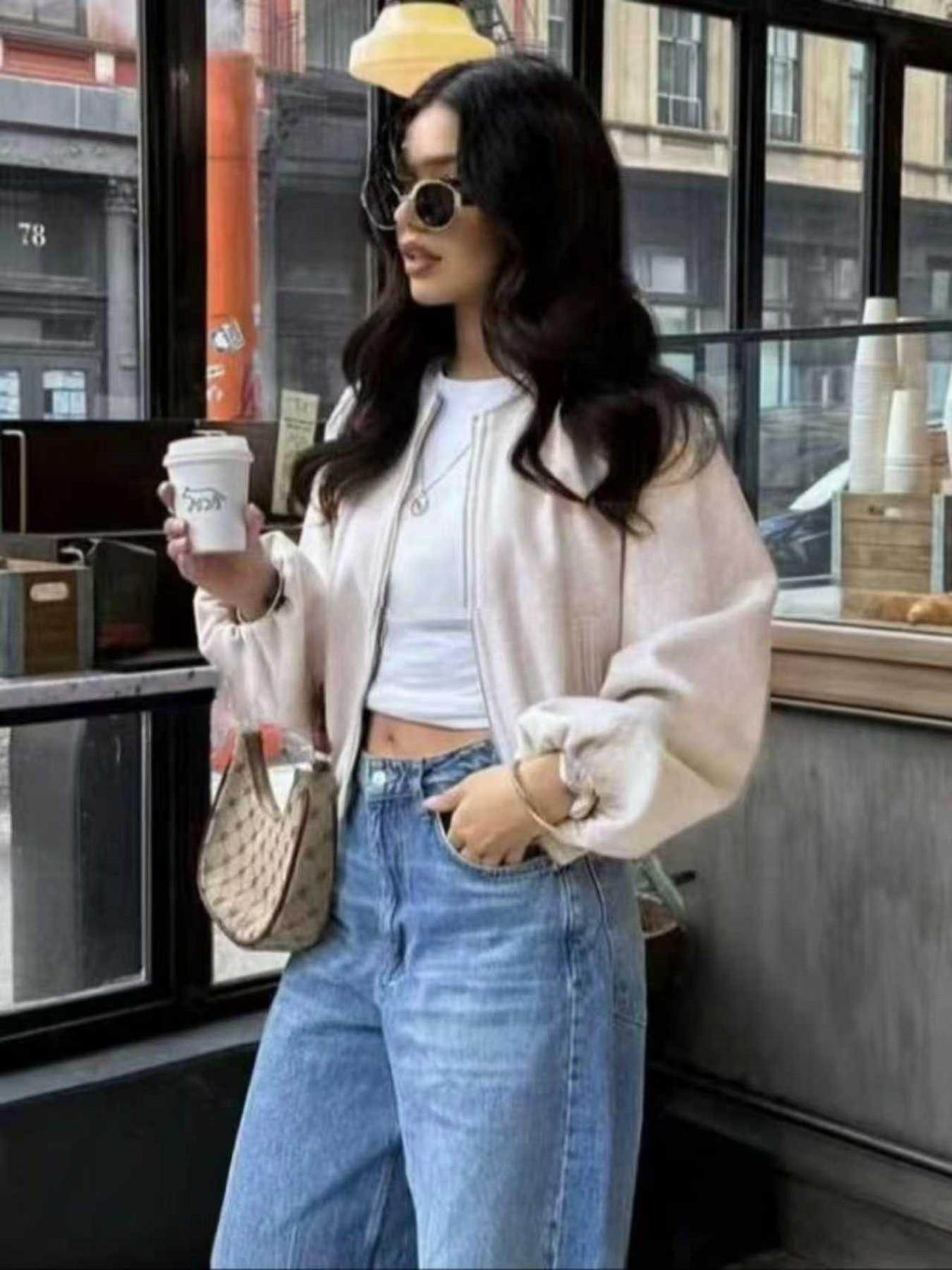 Women's Fall Winter Jacket, Soft Solid Color with Pockets, Zipper Long Sleeve Casual Bomber Coat, Stylish Outerwear for Cold Weather