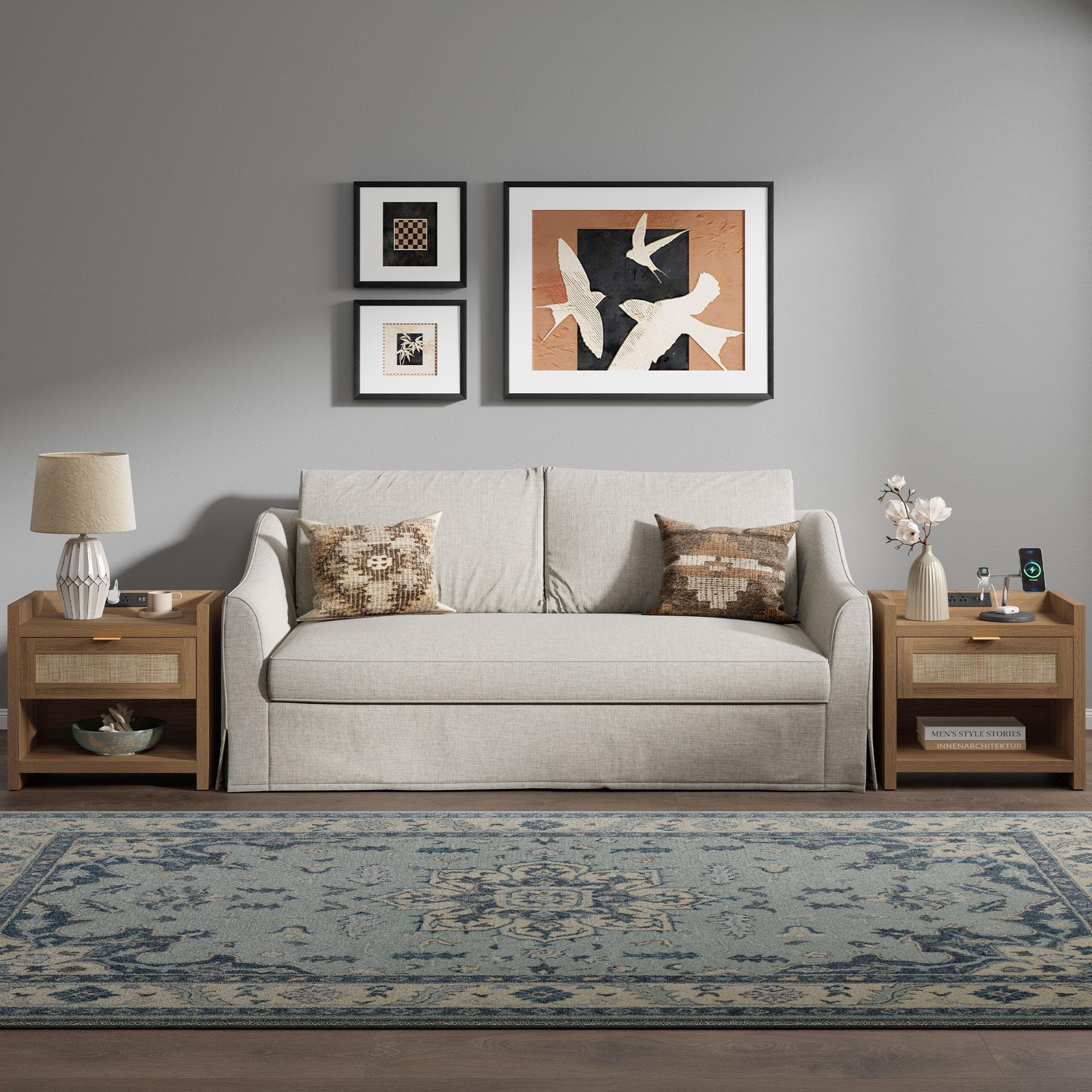 SICOTAS Night Stand Set of 2 - Rattan Nightstands with Type-C Charging Station &  Rattan Drawer - 15.4" x 23.6" x 22.1" Boho Bed Side End Table for Small Apartment Living Room Bedroom, Sturdy and Durable